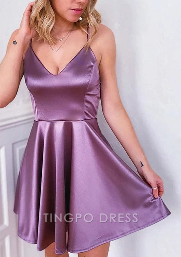 TingPo Wholesale Elegant Open Back Charmeuse A-line Short Homecoming Dress with V Neck